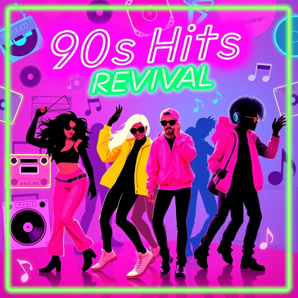 A vibrant poster celebrating 90s hits songs featuring bold neon graphics