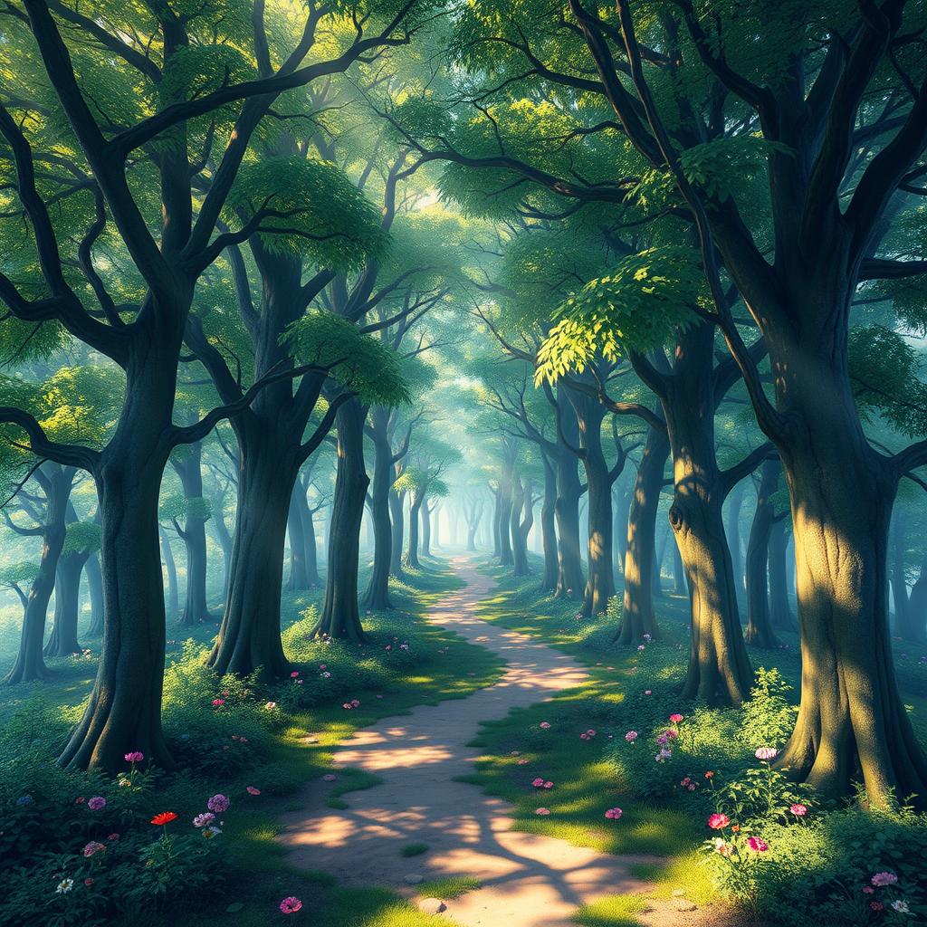 A serene fairytale forest featuring a winding path in the center, surrounded by tall, lush trees on either side