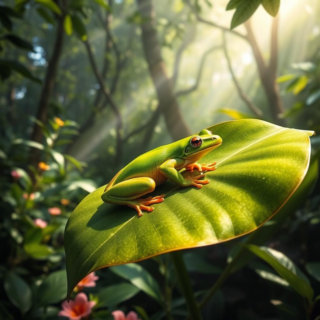 A vibrant green frog perched comfortably on a large, glossy leaf, surrounded by a lush forest filled with various shades of green foliage