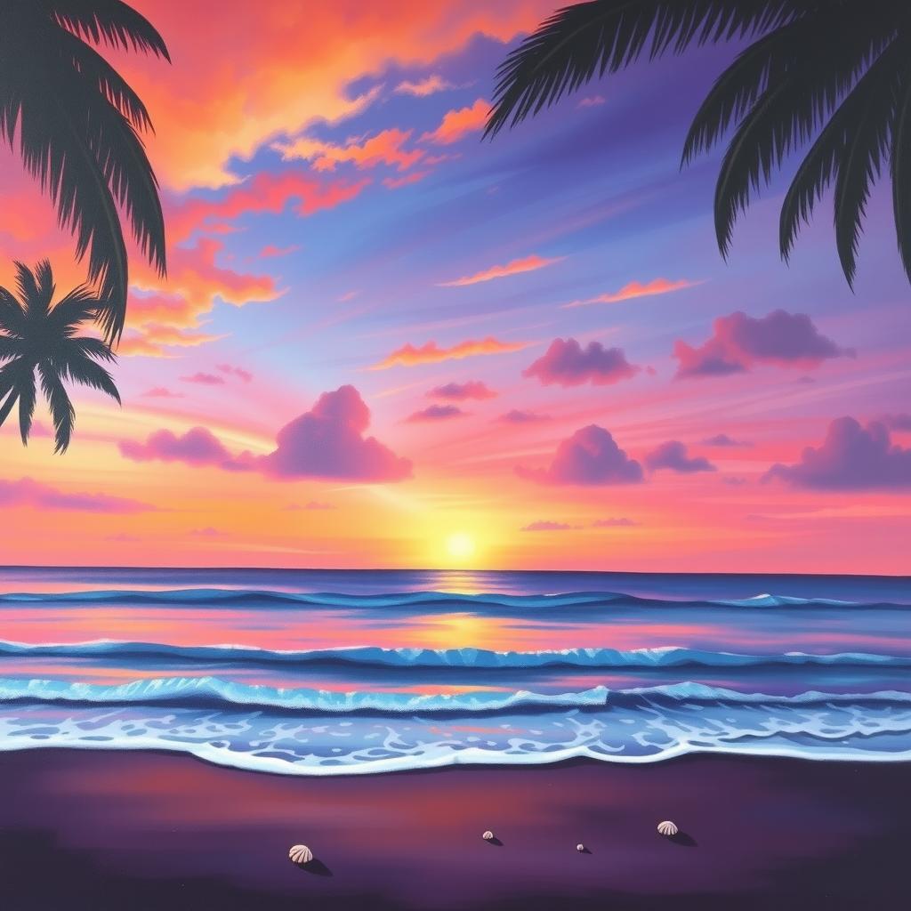 A serene, captivating landscape painting of a twilight beach scene, featuring gentle waves softly lapping against the shore