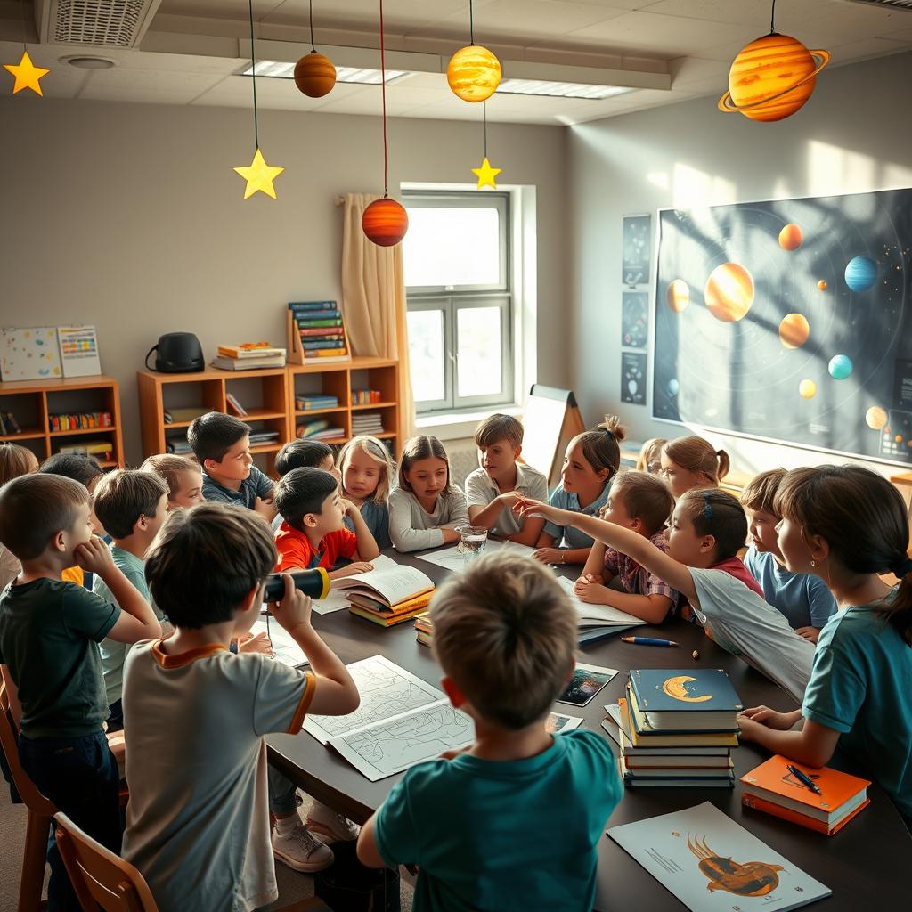 A classroom filled with students eagerly studying astronomy