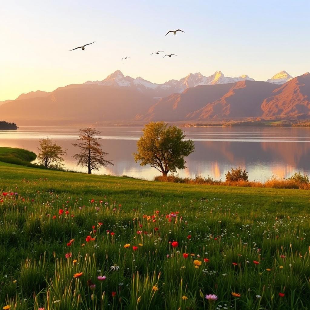 A serene and picturesque landscape during the golden hour, featuring a tranquil lake reflecting the pastel colors of the sunset
