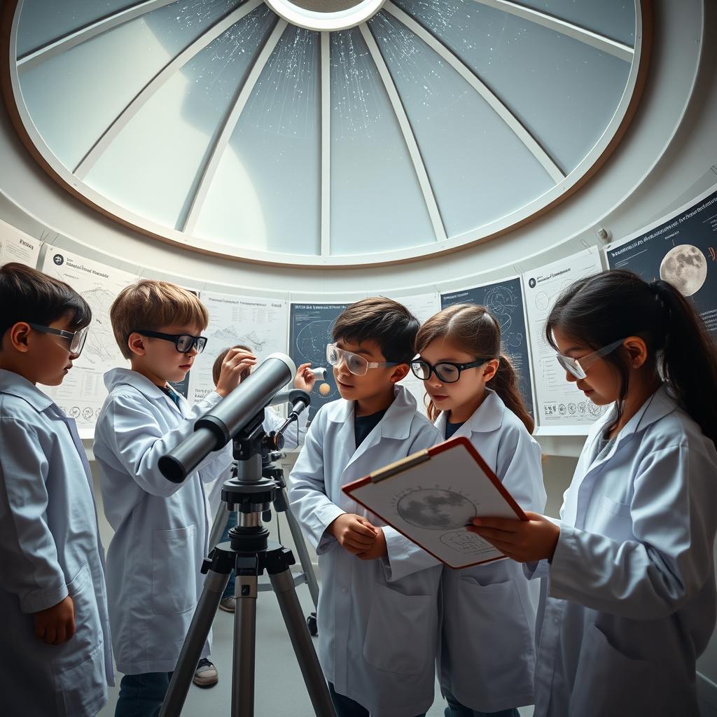 A captivating scene of children astronomers in a spacious observatory, deeply engaged in the study of astronomy