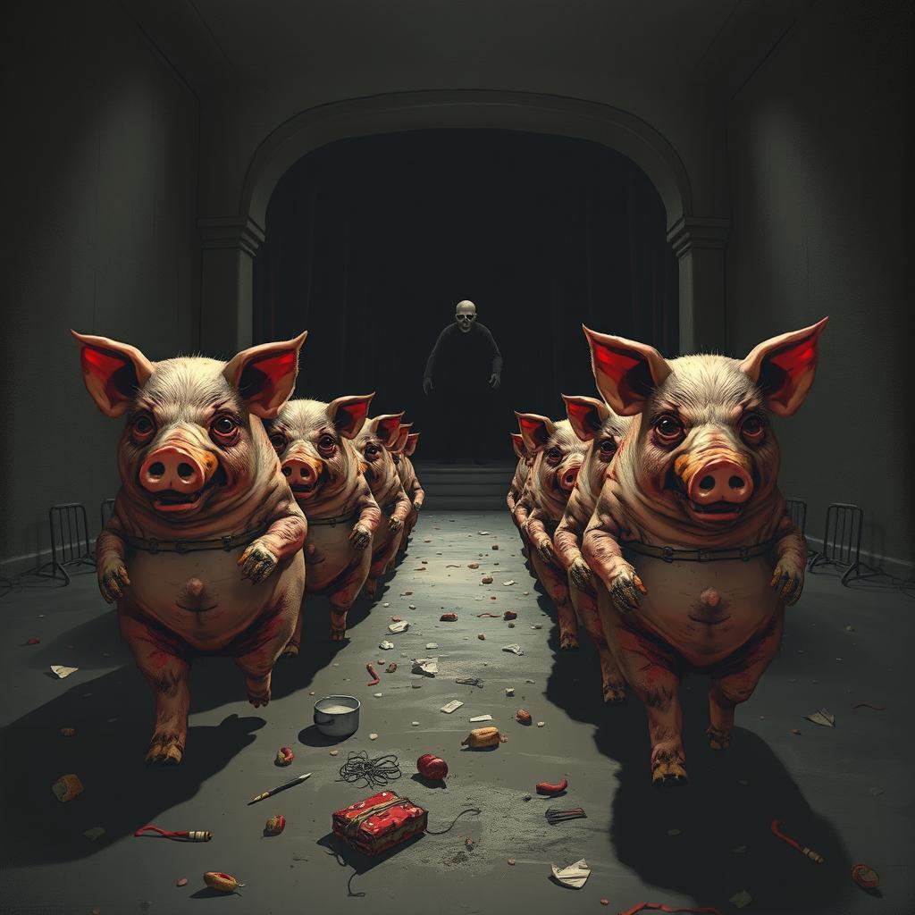 Grotesque anthropomorphized pigs, appearing dirty with empty or bloodshot eyes, marching alone in a state of despair