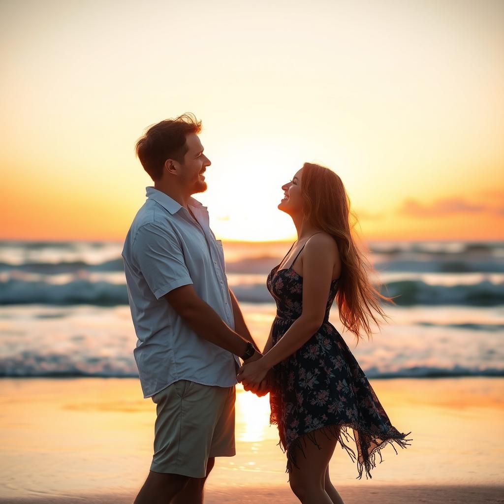 A romantic scene featuring a couple, standing together in a beautiful sunset on a beach, with the ocean waves softly crashing in the background