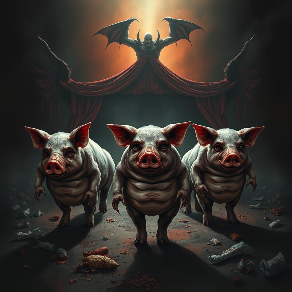 Grotesque anthropomorphized pigs with exaggerated features, featuring hollow or bloodshot eyes, walking alone in a dark, grim atmosphere