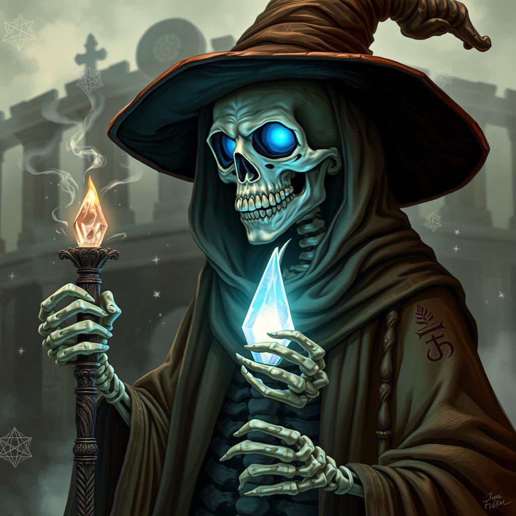 A detailed portrait of a skeleton wizard, dressed in a tattered robe adorned with arcane symbols and wearing a pointed hat that drapes over its skeletal head