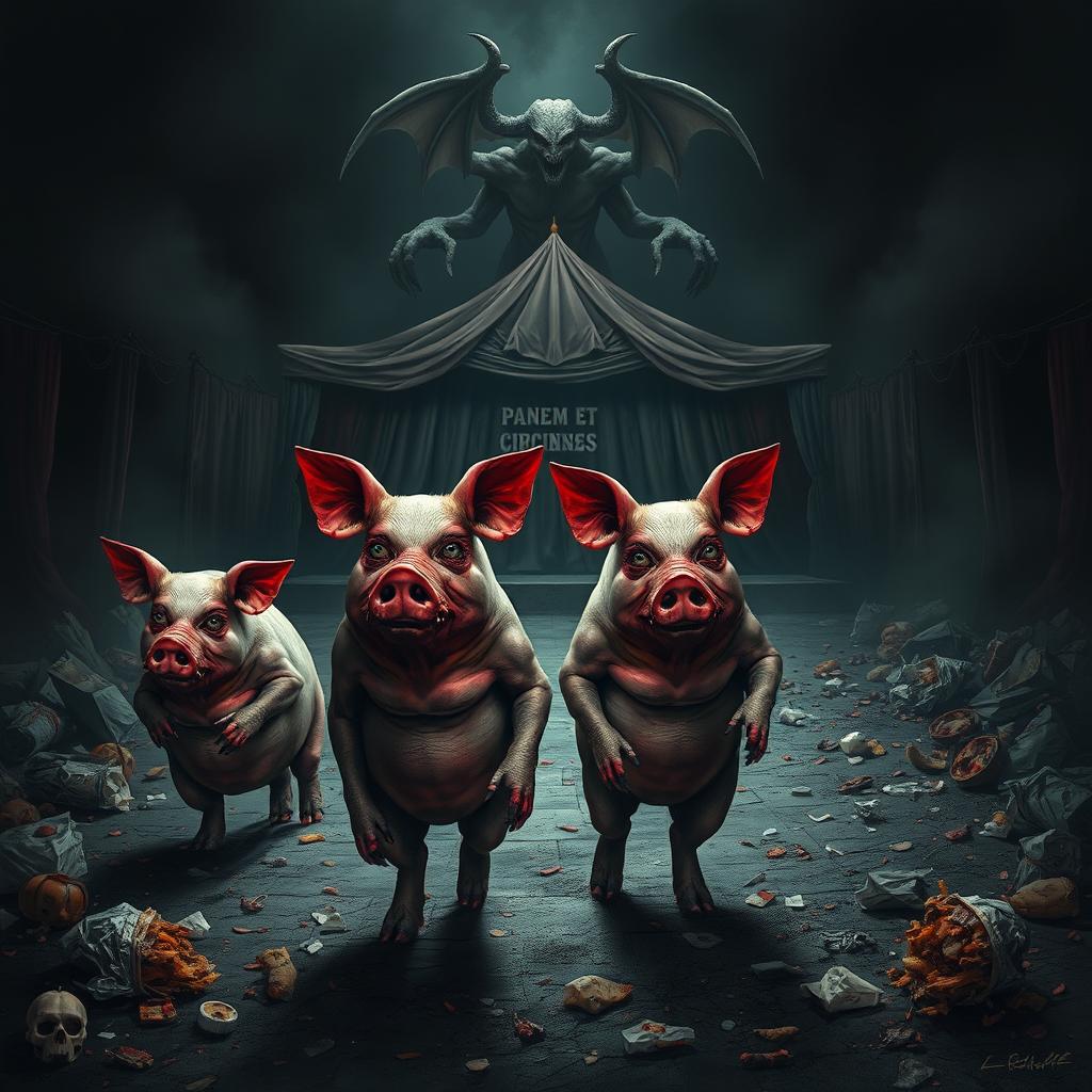 Grotesque anthropomorphized pigs with exaggerated features, such as hollow bloodshot eyes and deformed bodies, embodying decay and despair