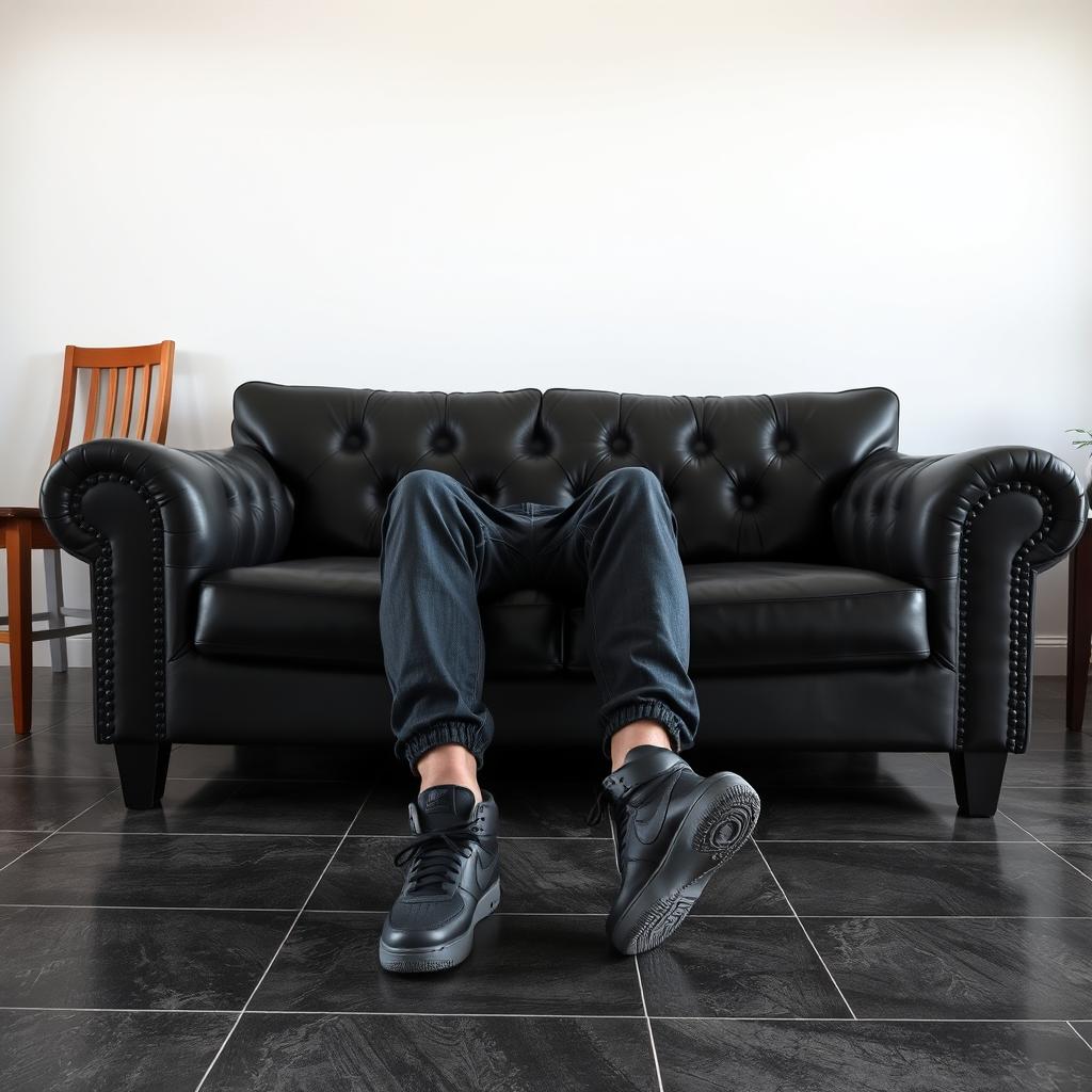A realistic black sofa couch replacing a wooden chair in a living room scene, maintaining the existing body and face details of the person seated in it