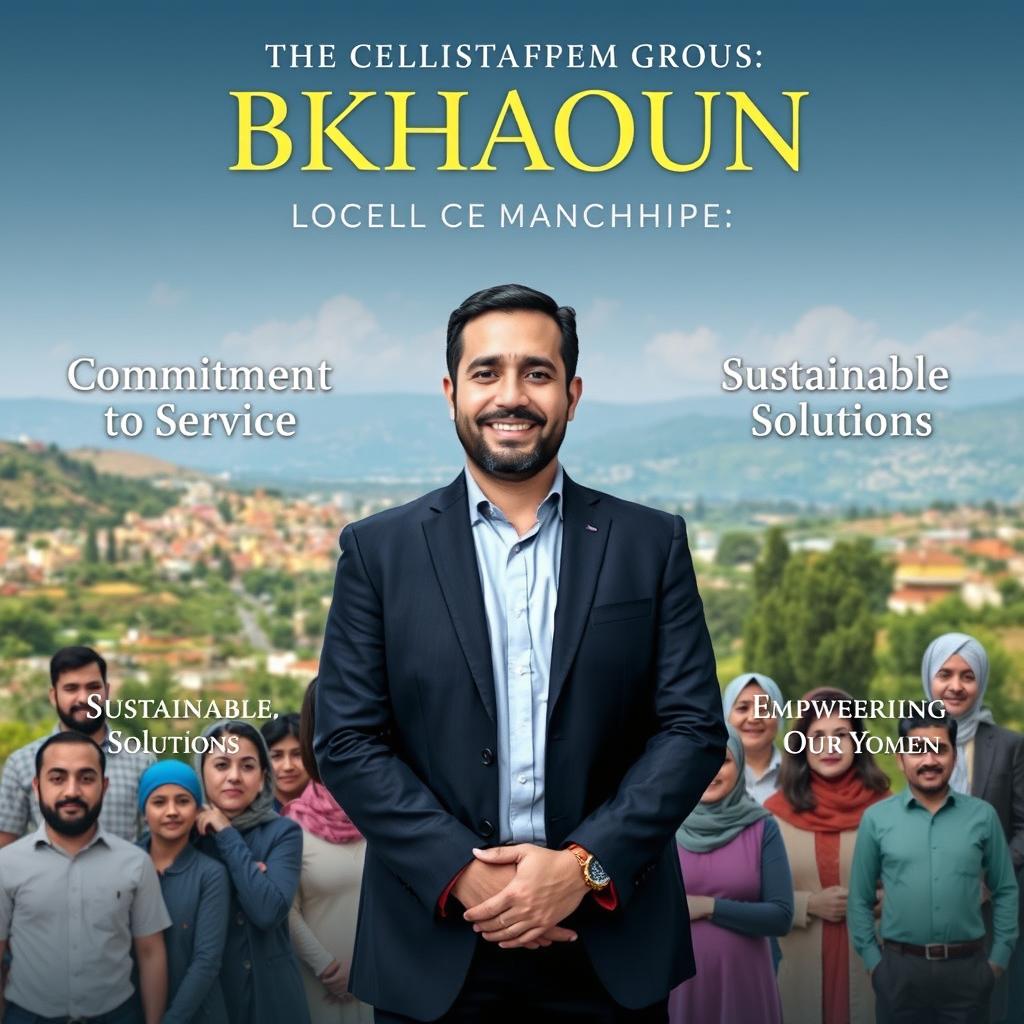 An elegant and expressive poster for a local election campaign featuring a candidate for the municipal membership of Bkhaoun, appealing to community engagement and unity