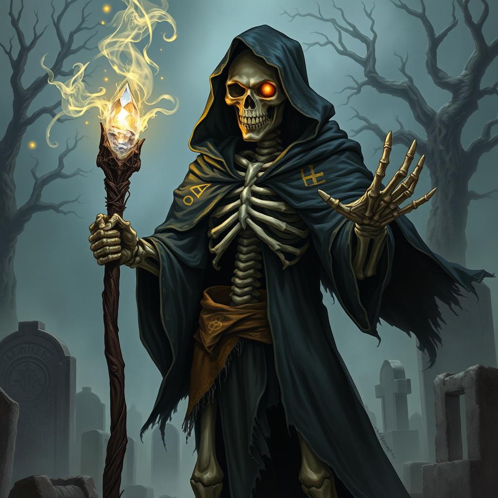 A detailed character portrait of a skeleton necromancer, showcasing a menacing skeletal figure cloaked in dark, tattered robes with intricate golden runes