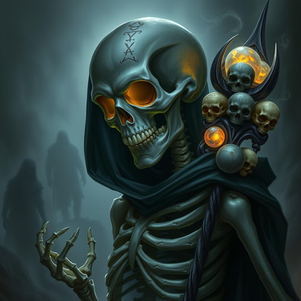 A character portrait of a skeleton necromancer, depicted with a dramatic and eerie atmosphere
