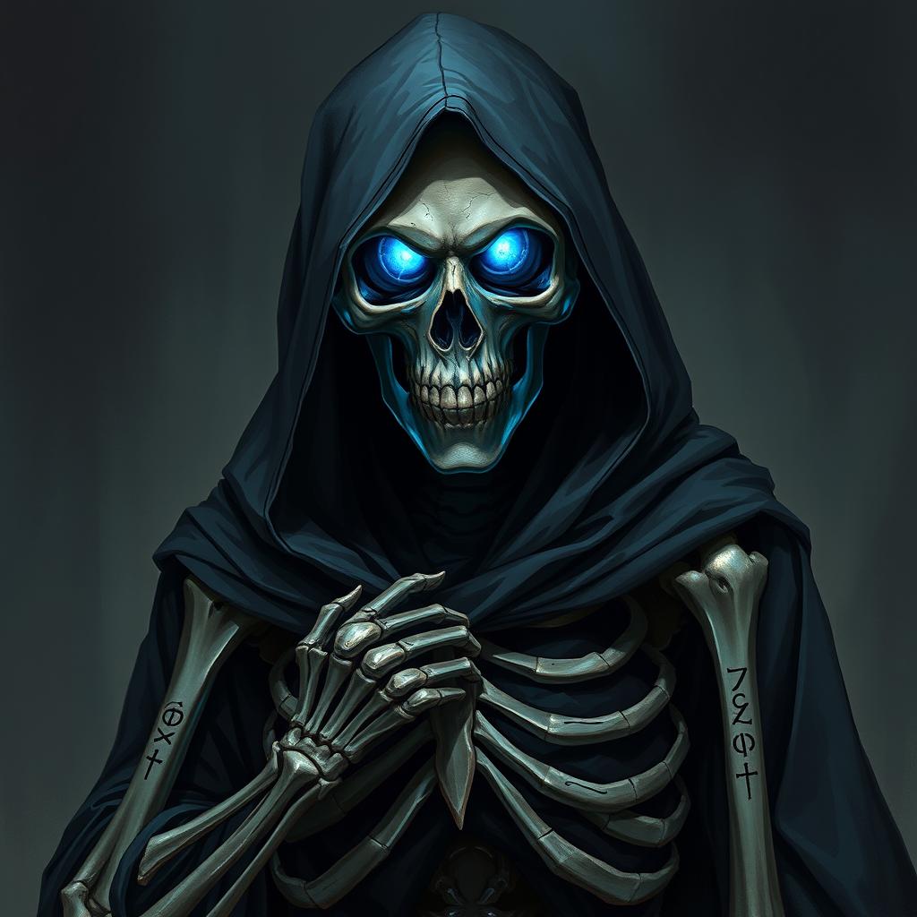 A D&D character portrait of a hooded skeleton necromancer, featuring a detailed skull with glowing blue spectral light in the eye sockets