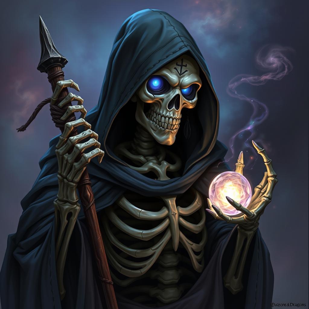 A captivating Dungeons & Dragons character portrait of an enigmatic skeletal wizard, cloaked in a dark, flowing hooded robe