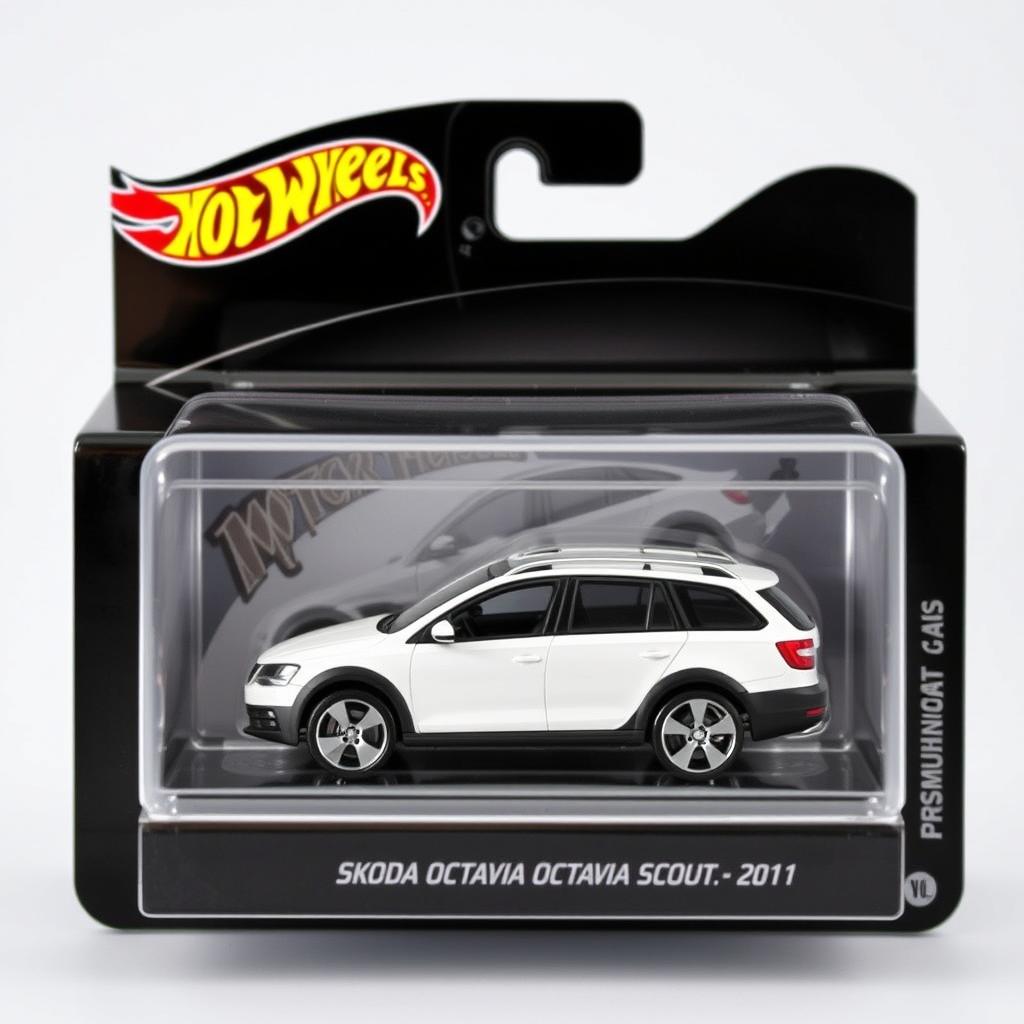 A sleek, premium Hot Wheels package in black, featuring a detailed representation of a white Skoda Octavia Scout MK2 facelift from 2011