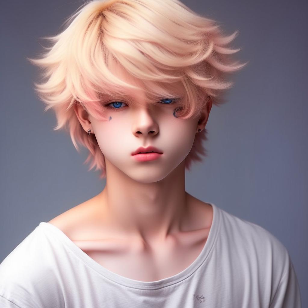 An anime boy with platinum blonde hair, eyebrows, and lashes, slim figure, milky white skin, delicate harmonious face, blue penetrating eyes, slight pink tone on the corners of the eyes and nose tip, noticeable pectorals, a soft feminine physique, and a small symbolic tattoo on the lower back, radiating an extreme charm