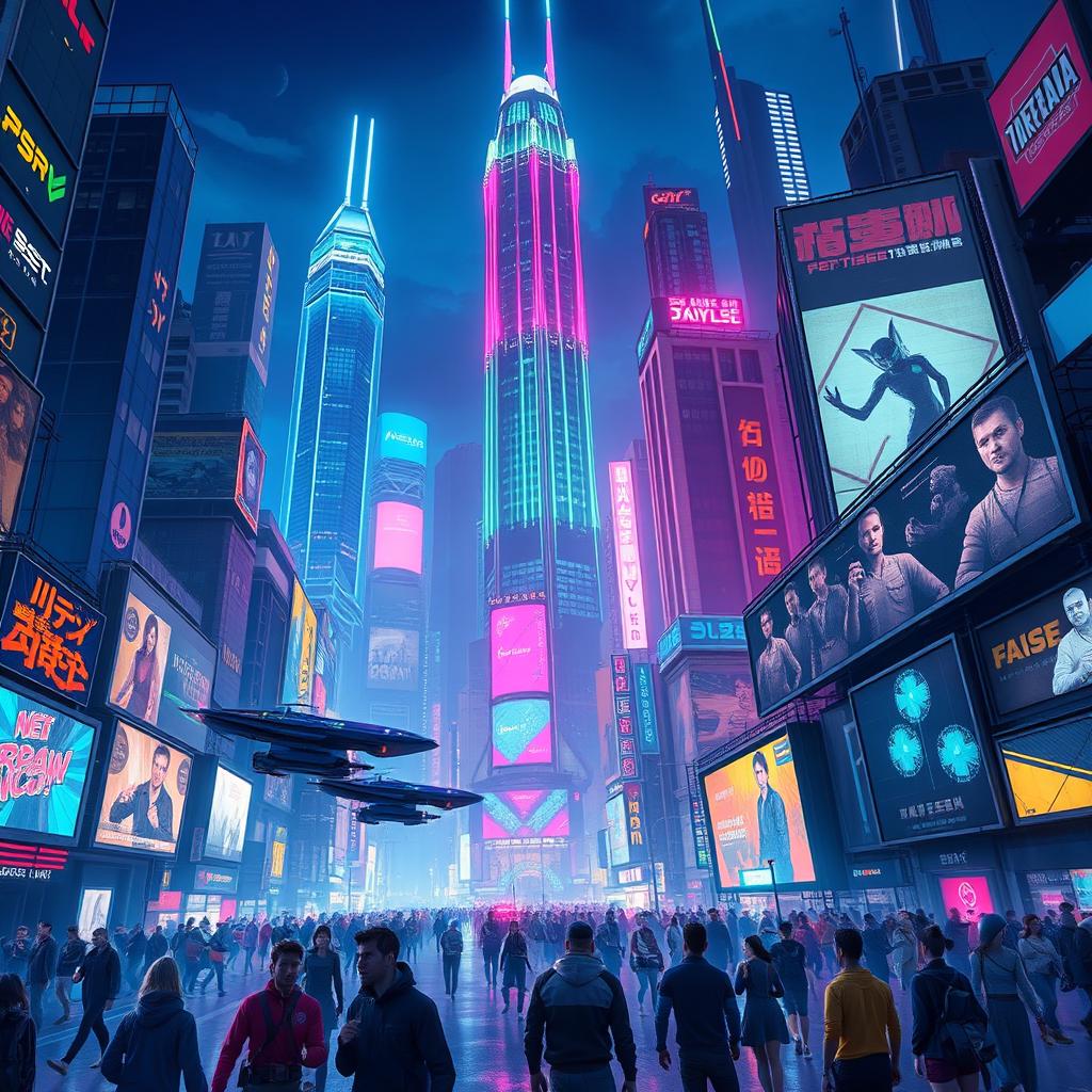 A vibrant cyberpunk cityscape at night, featuring towering skyscrapers adorned with neon lights in various colors including blue, pink, and green