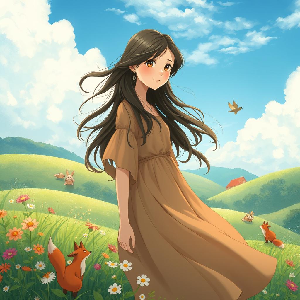 A dreamy portrait in the style of Studio Ghibli, featuring a whimsical landscape filled with lush greens, vibrant flowers, and soft, rolling hills under a bright blue sky