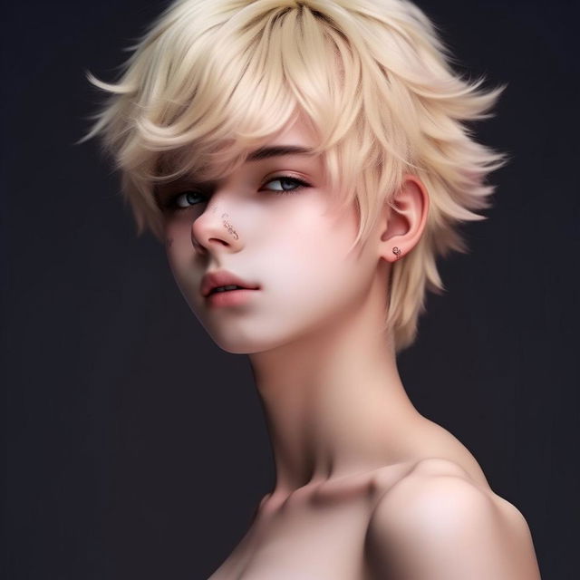 An anime boy with platinum blonde hair, eyebrows, and lashes, slim figure, milky white skin, delicate harmonious face, blue penetrating eyes, slight pink tone on the corners of the eyes and nose tip, noticeable pectorals, a soft feminine physique, and a small symbolic tattoo on the lower back, radiating an extreme charm