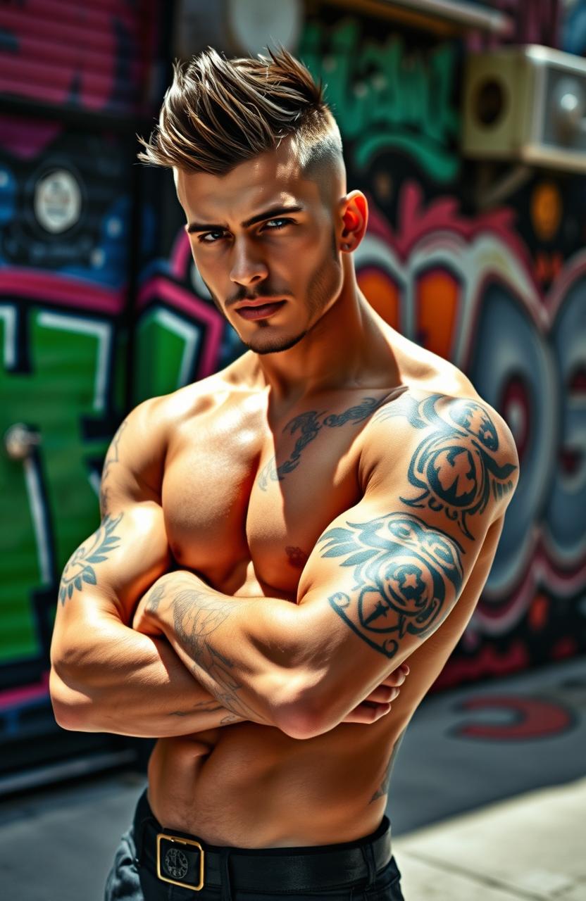 A stylish man with an athletic build and an edgy haircut, standing confidently against an urban graffiti wall