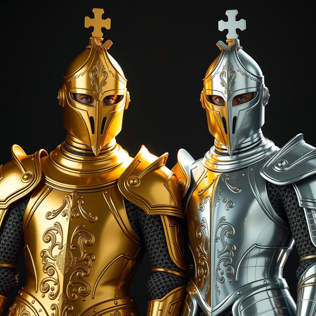 Two full-body men dressed as chess knights, one in golden armor and the other in silver armor, both with serious expressions