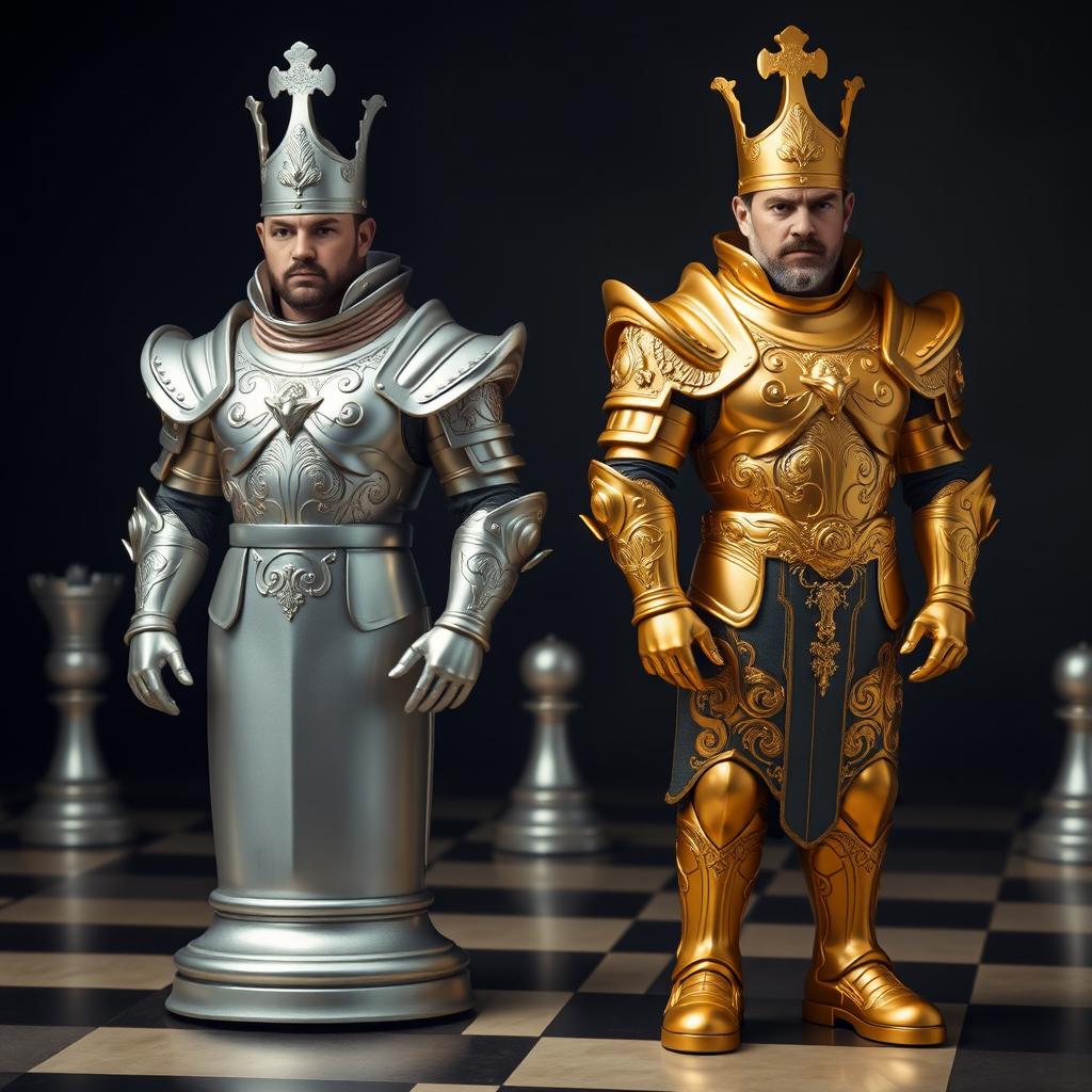 Two full-body men dressed as chess rooks, one in golden armor and the other in silver armor, both wearing serious expressions