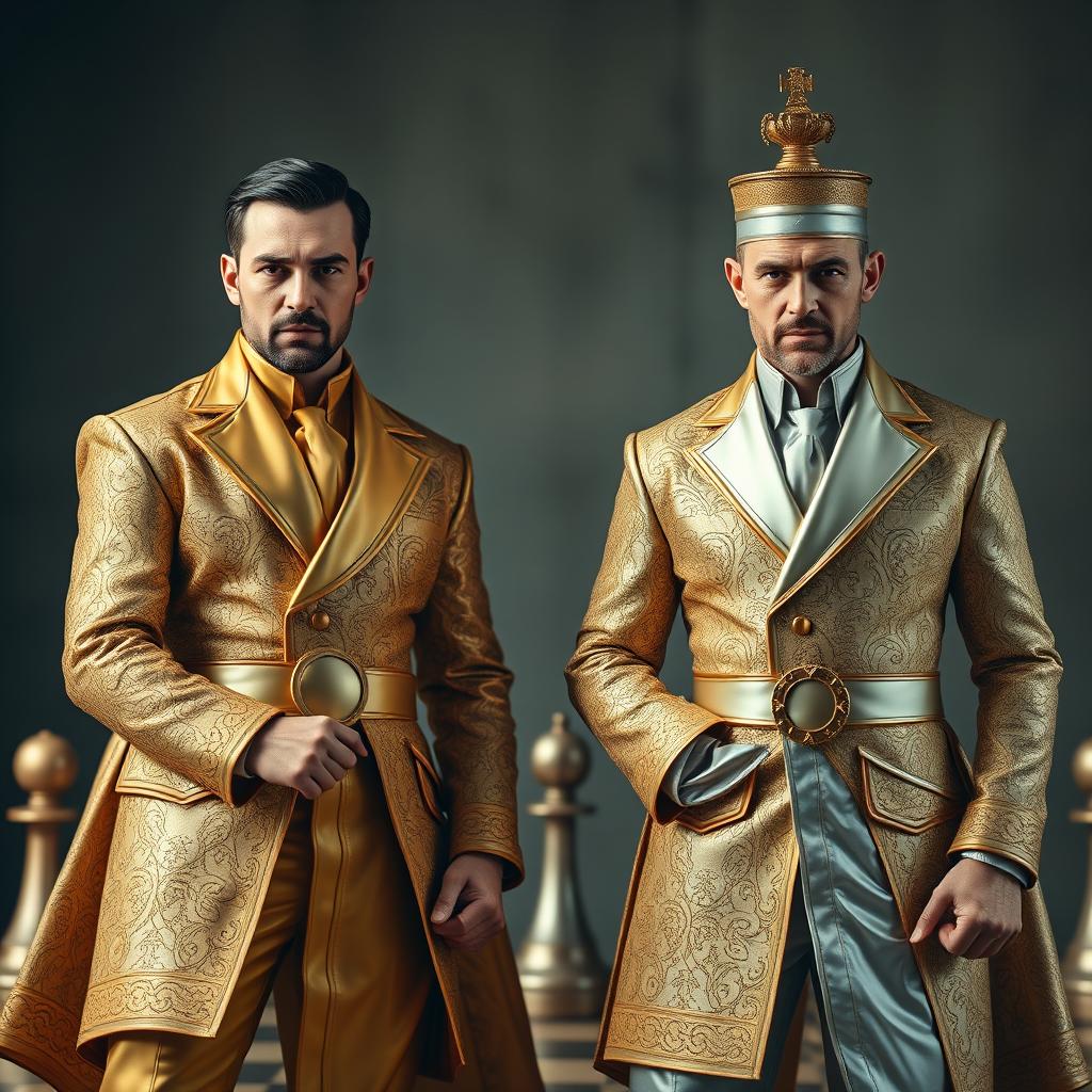 Full-body men dressed as chess pieces, one in gold and the other in silver, both with serious expressions