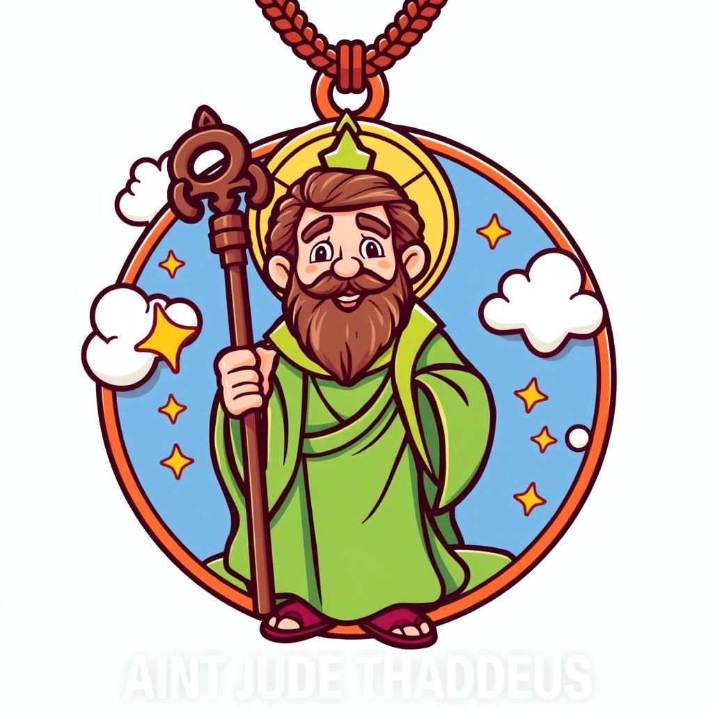 A vibrant, cartoon-style medal featuring Saint Jude Thaddeus, designed in a playful and colorful manner