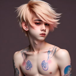 An anime boy with platinum blonde hair, eyebrows, and lashes, slim figure, milky white skin, delicate harmonious face, blue penetrating eyes, slight pink tone on the corners of the eyes and nose tip, noticeable pectorals, a soft feminine physique, and a small symbolic tattoo on the lower back, radiating an extreme charm