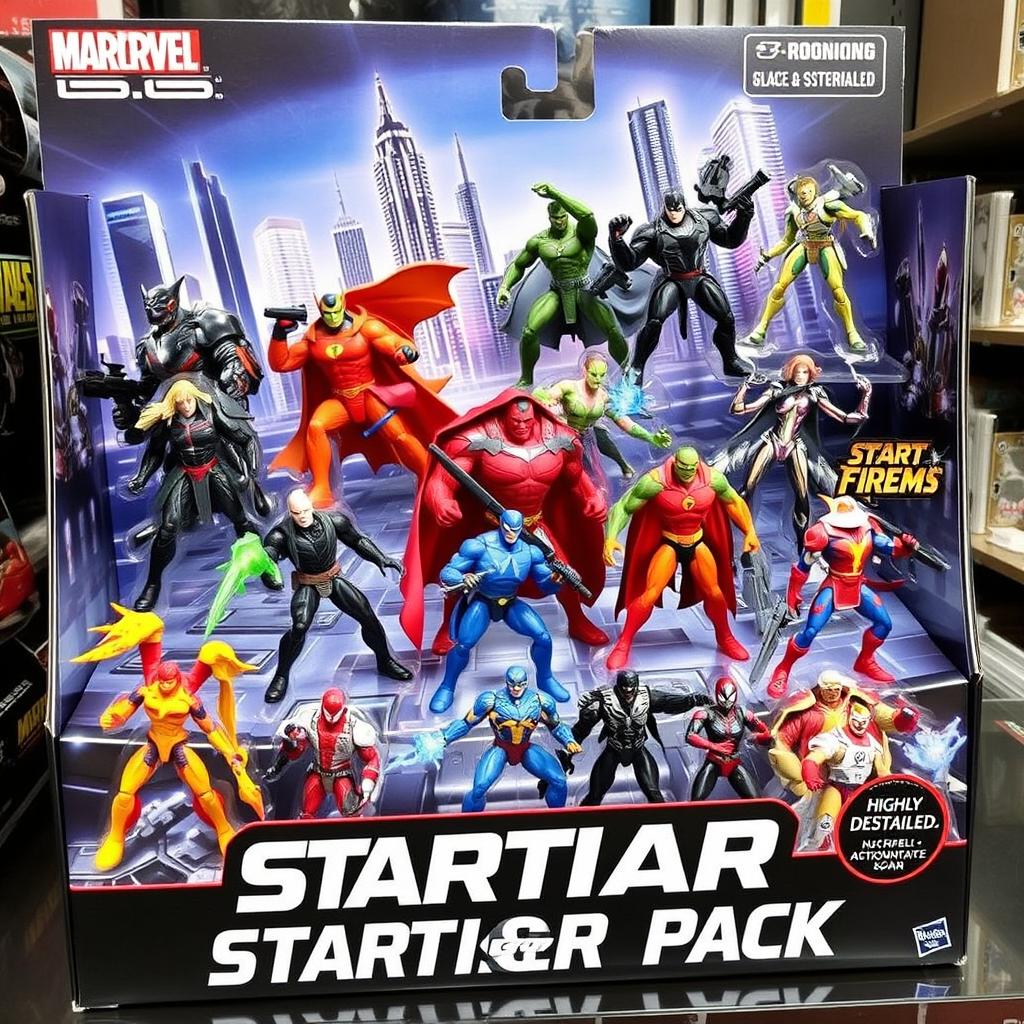 A dynamic display featuring an action figure starter pack, including an assortment of highly detailed, articulated action figures