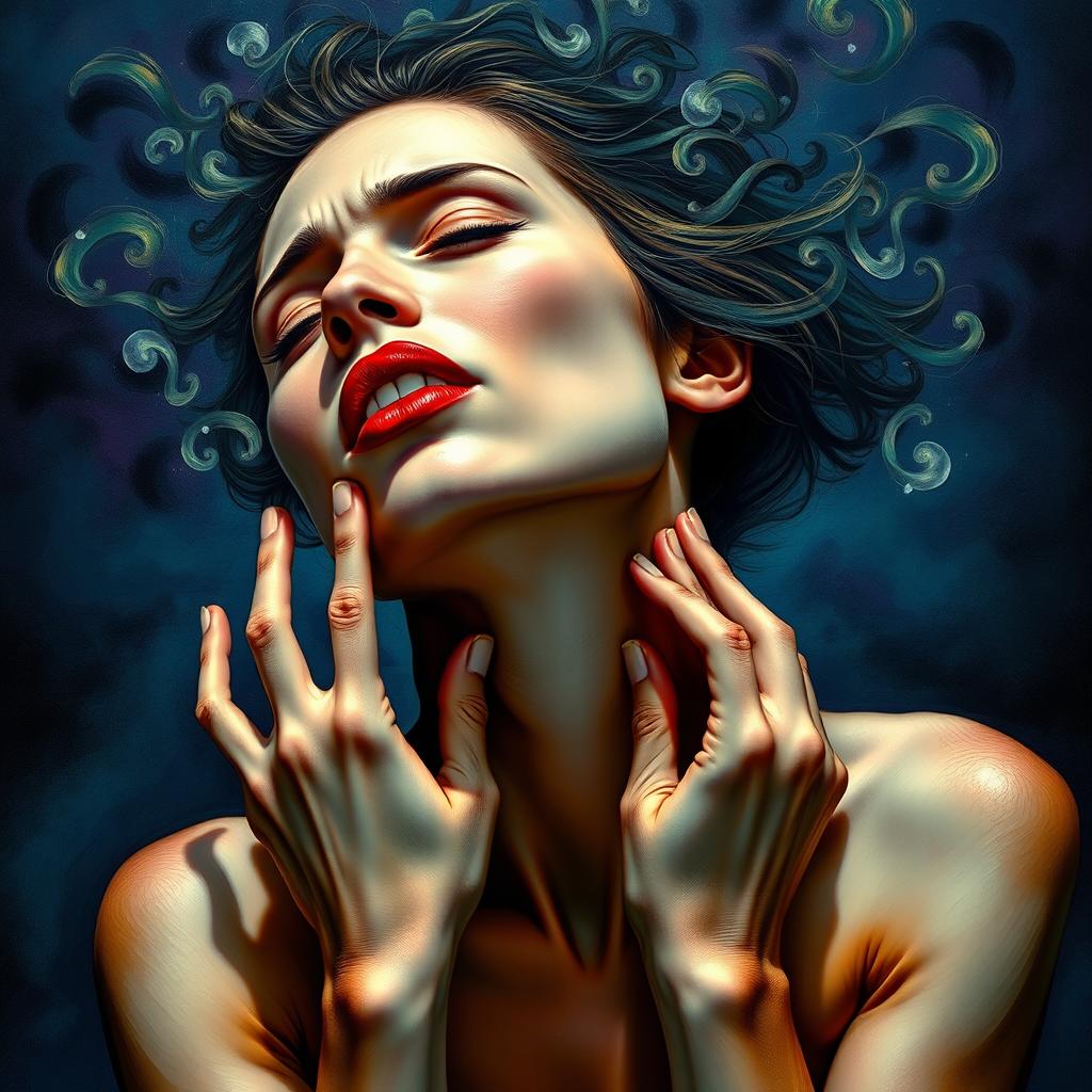 A surreal and abstract representation of a female figure in a dynamic pose, hands reaching towards her neck as if caught in the throes of an intense emotional moment