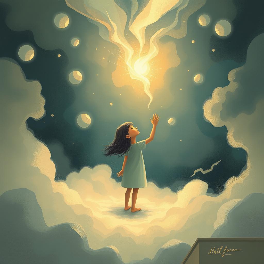 A surreal and symbolic illustration depicting a girl in a dream-like state, surrounded by a swirling mist of emotions and thoughts