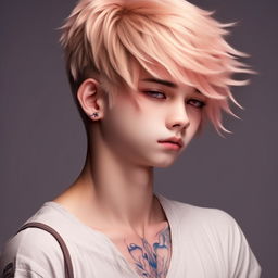 An anime boy with platinum blonde hair, eyebrows, and lashes, slim figure, milky white skin, delicate harmonious face, blue penetrating eyes, slight pink tone on the corners of the eyes and nose tip, noticeable pectorals, a soft feminine physique, and a small symbolic tattoo on the lower back, radiating an extreme charm