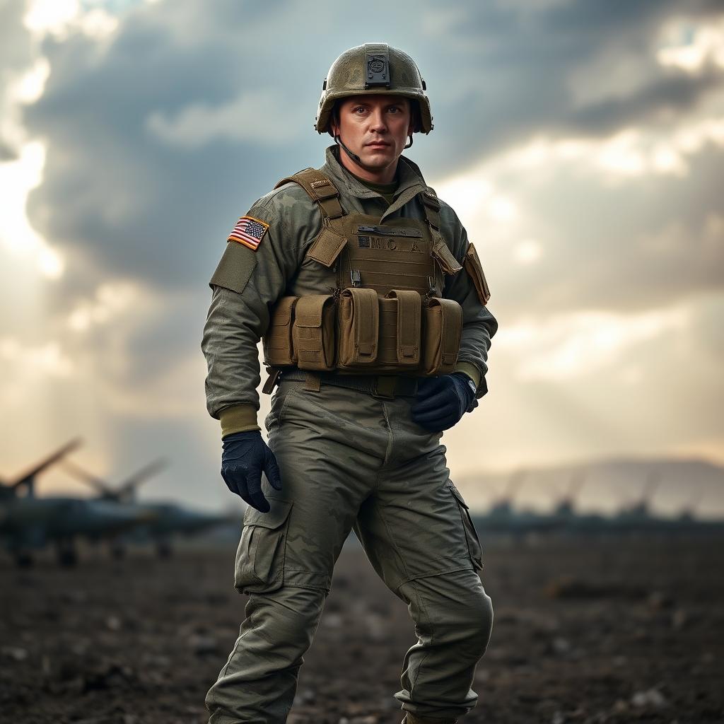 A confident soldier wearing a detailed military uniform, featuring a camouflage pattern
