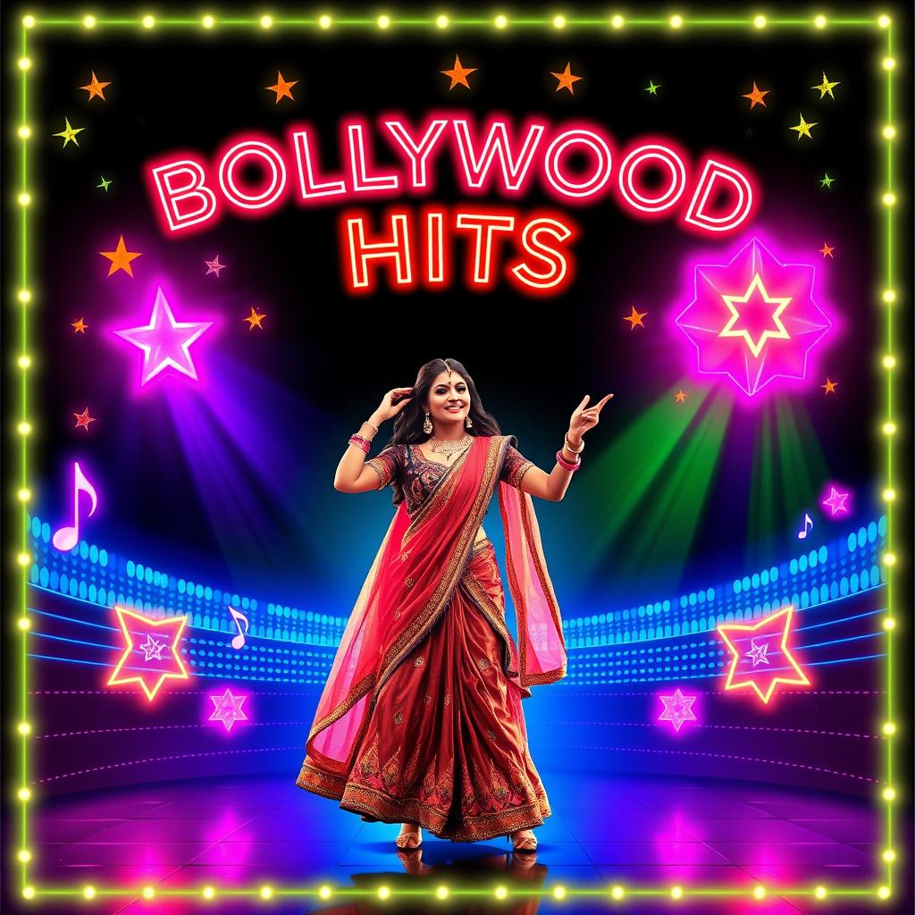 A captivating poster for Bollywood hit songs featuring striking neon graphics