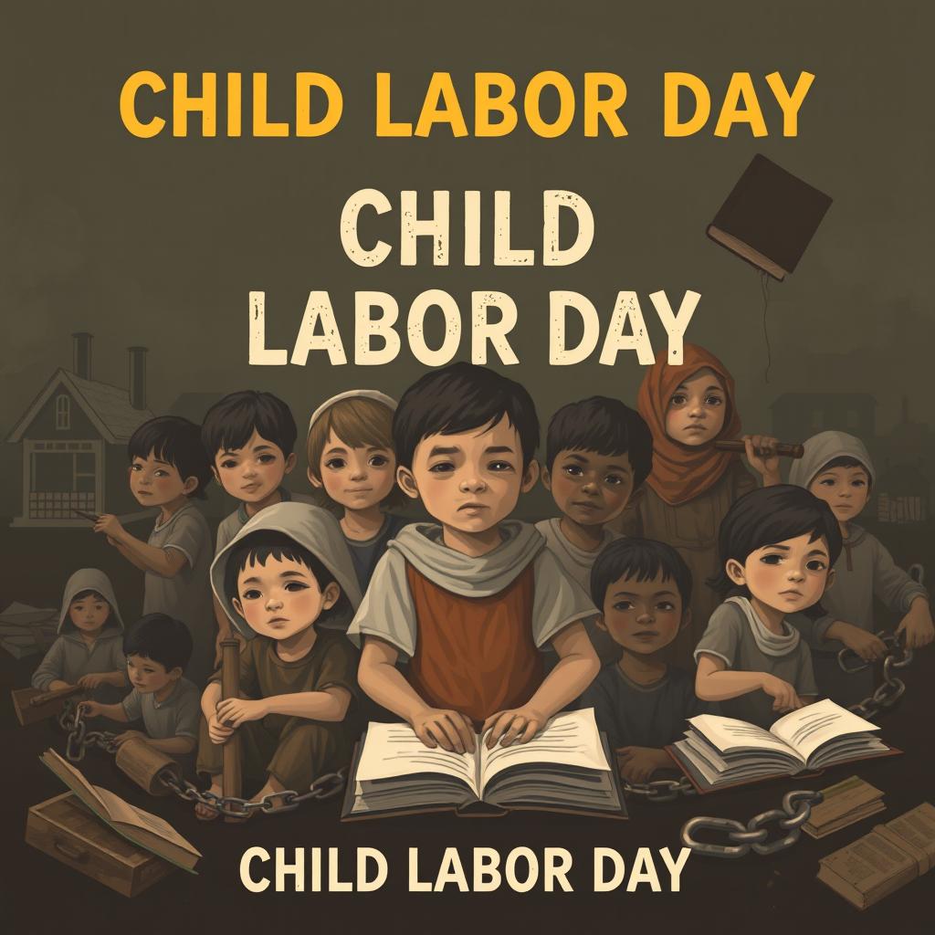 An evocative and educational artwork representing the historical significance of Child Labor Day; a somber yet informative scene depicting various aspects of child labor across different periods, showcasing children in factories, fields, and homes, engaged in various forms of work