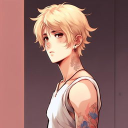 A full body illustration of an anime boy, platinum blonde hair, eyebrows, and lashes, slim build, slender skin, harmonious face, deep blue eyes, slight pinkish tone on the corners of his eyes and nose tip, prominent pectorals, feminine figure, and a small symbolic tattoo on lower back, exceedingly attractive as he gazes into the distance