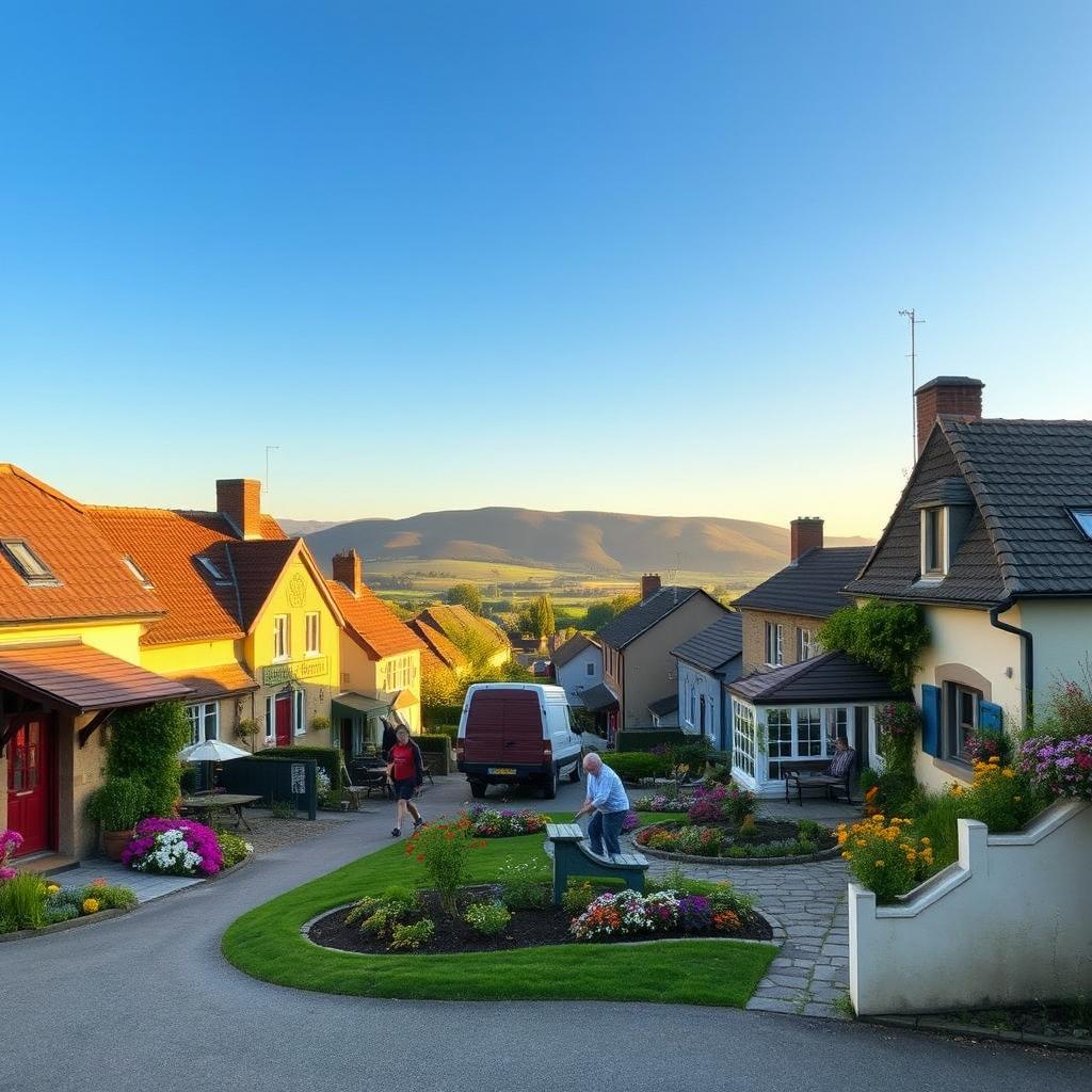 A picturesque small village at dawn, under a clear blue sky