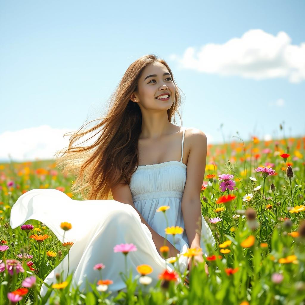 A beautiful young woman with long flowing hair, sitting in a lush green field filled with vibrant wildflowers