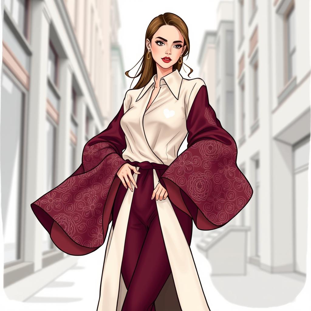 A fashion illustration of a stylish outfit featuring long sleeves that extend well below the elbow, showcasing intricate patterns and textures on the fabric