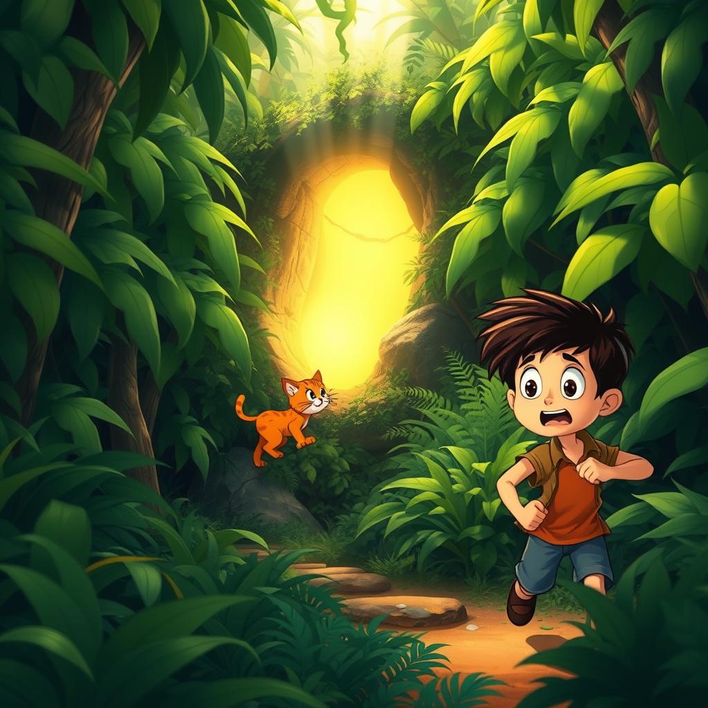 In a lush, vibrant jungle filled with dense greenery, a mysterious glowing portal emerges amidst the underbrush
