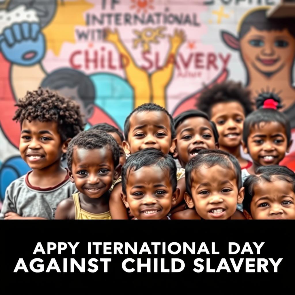 An expressive portrayal of the International Day Against Child Slavery, featuring a diverse group of children with various ethnic backgrounds standing together, their faces filled with hope and determination