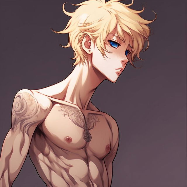 A full body illustration of an anime boy, platinum blonde hair, eyebrows, and lashes, slim build, slender skin, harmonious face, deep blue eyes, slight pinkish tone on the corners of his eyes and nose tip, prominent pectorals, feminine figure, and a small symbolic tattoo on lower back, exceedingly attractive as he gazes into the distance