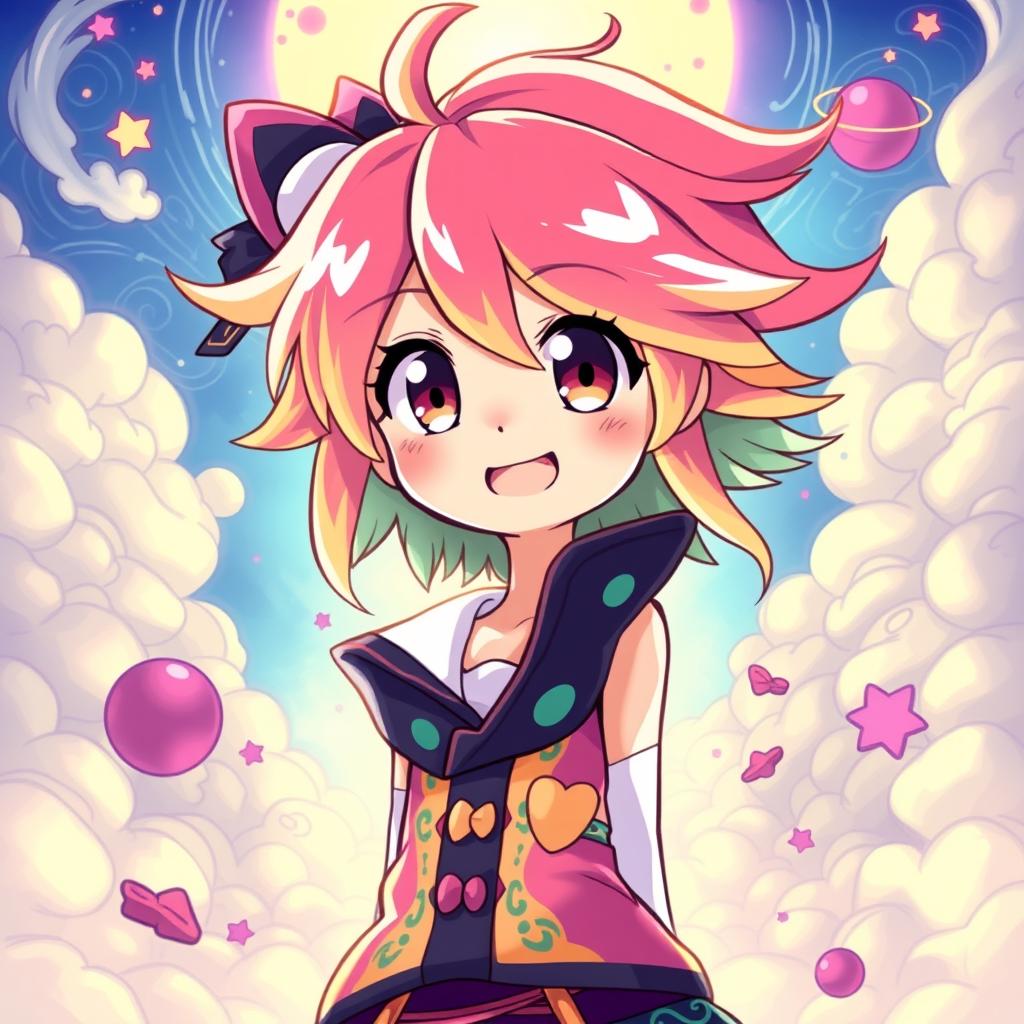 A vibrant anime-style portrait of a character with bright, flowing hair, large expressive eyes, and an engaging smile