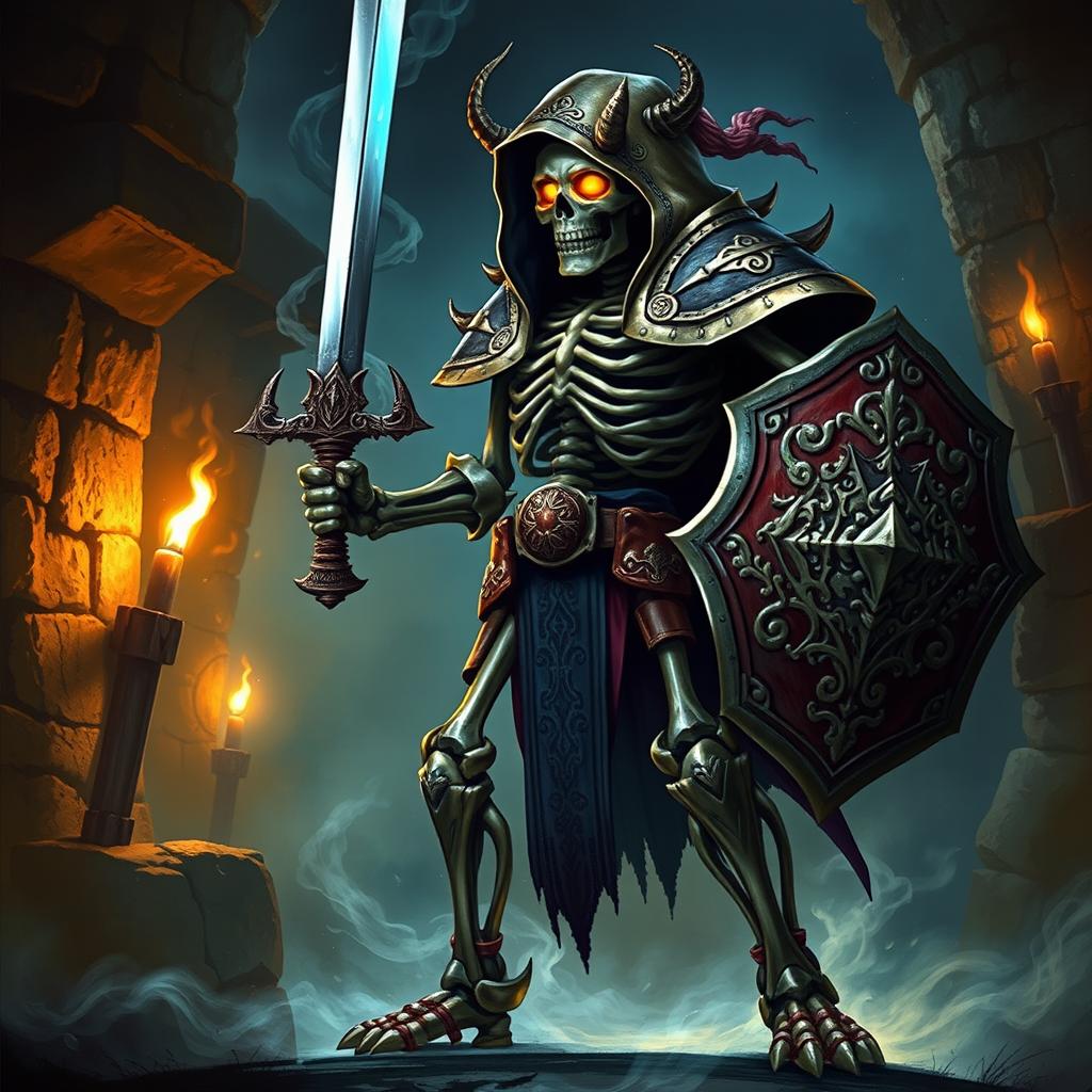 A detailed Dungeons & Dragons character portrait of a skeletal warrior, adorned in ancient, ornate armor with intricate designs