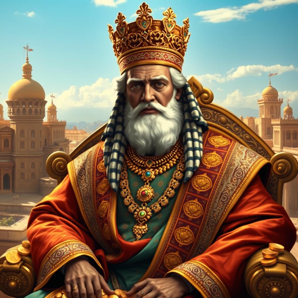 A portrait of a fantastical version of Mansa Musa, depicted as a white man, wearing elaborate traditional West African attire with rich fabrics and vibrant colors