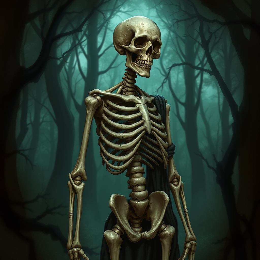 A detailed character portrait of an unarmed skeleton, standing confidently