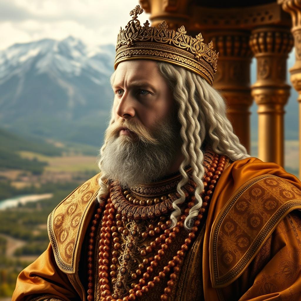 A reinterpretation of Mansa Musa, the famous African emperor of the Mali Empire, depicted as a white Scandinavian man