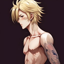 A full body illustration of an anime boy, platinum blonde hair, eyebrows, and lashes, slim build, slender skin, harmonious face, deep blue eyes, slight pinkish tone on the corners of his eyes and nose tip, prominent pectorals, feminine figure, and a small symbolic tattoo on lower back, exceedingly attractive as he gazes into the distance