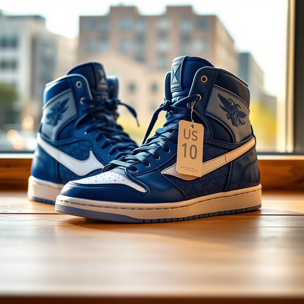 A pair of stylish high-top sneakers in vibrant blue and white, with intricate geometric patterns and a sleek design, displayed on a clean wooden surface
